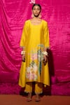 Chrkha_Yellow Chanderi Silk Printed Floral Round Placement A-line Kurta Set _Online_at_Aza_Fashions