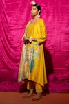 Shop_Chrkha_Yellow Chanderi Silk Printed Floral Round Placement A-line Kurta Set _Online_at_Aza_Fashions