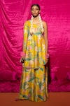 Buy_Chrkha_Yellow Chanderi Silk Printed Peacock Asymmetric Kaftan And Flared Pant Set _at_Aza_Fashions