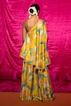 Shop_Chrkha_Yellow Chanderi Silk Printed Peacock Asymmetric Kaftan And Flared Pant Set _at_Aza_Fashions