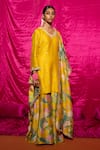 Buy_Chrkha_Yellow Chanderi Silk Printed Floral Scallop V Neck Pearl Embroidered Kurta Set _Online_at_Aza_Fashions