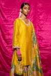 Shop_Chrkha_Yellow Chanderi Silk Printed Floral Scallop V Neck Pearl Embroidered Kurta Set _at_Aza_Fashions