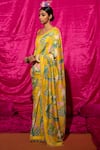 Chrkha_Yellow Chanderi Silk Printed Floral Saree With Unstitched Blouse Fabric _Online_at_Aza_Fashions