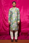 Buy_Chrkha_Blue Chanderi Silk Printed Floral Pattern Kurta And Pant Set _at_Aza_Fashions