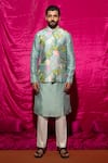 Buy_Chrkha_Blue Chanderi Silk Printed Floral Nehru Jacket And Kurta Set _at_Aza_Fashions