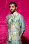 Buy_Chrkha_Blue Chanderi Silk Printed Floral Nehru Jacket And Kurta Set _Online_at_Aza_Fashions