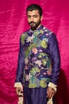 Chrkha_Purple Chanderi Silk Printed Floral Pattern Nehru Jacket With Kurta Set _at_Aza_Fashions