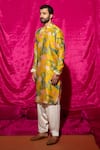 Chrkha_Yellow Chanderi Silk Printed Floral Kurta And Pant Set _Online_at_Aza_Fashions