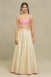 Buy_Vandana Sethi_Ivory Dupion Silk Embroidered Gota Leaf Neck Bridal Lehenga Set _Online_at_Aza_Fashions