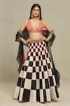 Buy_Vandana Sethi_Black Dupion Silk Printed Checkered Deep V Mirror Embroidered Blouse Lehenga Set _at_Aza_Fashions