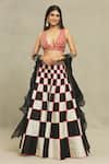 Shop_Vandana Sethi_Black Dupion Silk Printed Checkered Deep V Mirror Embroidered Blouse Lehenga Set _Online_at_Aza_Fashions