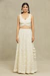 Buy_Vandana Sethi_White Organza Embroidered Pearls Leaf Neck Bridal Lehenga Set _Online_at_Aza_Fashions