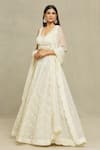 Shop_Vandana Sethi_White Organza Embroidered Pearls Leaf Neck Bridal Lehenga Set _Online_at_Aza_Fashions