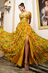 Buy_Ahi Clothing_Yellow Heavy Georgette Printed Floral Sweetheart High Slit Maxi Dress _at_Aza_Fashions