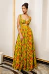 Ahi Clothing_Yellow Heavy Georgette Printed Floral Sweetheart High Slit Maxi Dress _at_Aza_Fashions