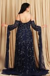 Shop_Majestic By Japnah_Blue Net With Lace Embroidery Thread Broad V Neck Floral Gown _at_Aza_Fashions