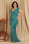 Shop_Majestic By Japnah_Blue Net Embroidery Bead Leaf Neck Stripe Pattern Gown_at_Aza_Fashions
