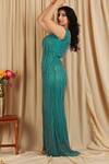 Majestic By Japnah_Blue Net Embroidery Bead Leaf Neck Stripe Pattern Gown_Online_at_Aza_Fashions
