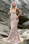 Shop_Majestic By Japnah_Beige Net Embroidery Sequin U Neck Blossom Gown _Online_at_Aza_Fashions