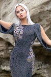 Majestic By Japnah_Blue Viscose Chiffon Hand Embroidered Floral Boat Bodycon Gown _Online_at_Aza_Fashions