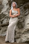 Buy_Majestic By Japnah_Gold Georgette Hand Embroidered Sequins One Shoulder Gown _at_Aza_Fashions