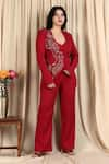 Buy_Majestic By Japnah_Red Banana Crepe Embroidered Sequin Jacket Pearl Embellished Wrap Pant Set _at_Aza_Fashions