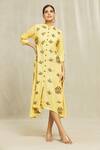 Buy_Bhusattva_Yellow Floral Embroidered Organic Silk Dress _Online_at_Aza_Fashions