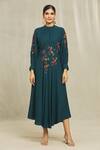 Bhusattva_Blue Cotton Embroidery High Neck Bishop Sleeve Floral Dress _Online_at_Aza_Fashions
