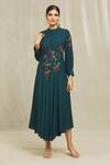 Shop_Bhusattva_Blue Cotton Embroidery High Neck Bishop Sleeve Floral Dress _Online_at_Aza_Fashions