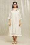 Bhusattva_White Cotton, Silk Embroidery Round Neck Floral Yoke Dress _Online_at_Aza_Fashions