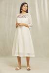 Buy_Bhusattva_White Cotton, Silk Embroidery Round Neck Floral Yoke Dress _Online_at_Aza_Fashions