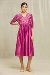 Buy_Bhusattva_Pink Silk Sequins, Beads, Zari V-neck Floral Hand Embroidered Pleated Dress _at_Aza_Fashions