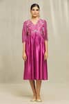 Bhusattva_Pink Silk Sequins, Beads, Zari V-neck Floral Hand Embroidered Pleated Dress _Online_at_Aza_Fashions