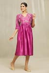 Buy_Bhusattva_Pink Silk Sequins, Beads, Zari V-neck Floral Hand Embroidered Pleated Dress _Online_at_Aza_Fashions