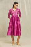 Shop_Bhusattva_Pink Silk Sequins, Beads, Zari V-neck Floral Hand Embroidered Pleated Dress _Online_at_Aza_Fashions