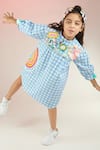 Joey & Pooh_Blue Cotton Hand Embroidery Whimsical Animals Gingham Pattern Dress  _Online_at_Aza_Fashions