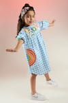 Joey & Pooh_Blue Cotton Hand Embroidery Whimsical Animals Gingham Pattern Dress  _at_Aza_Fashions