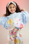 Joey & Pooh_Blue Cotton Print Floral Stripe And Jacket With Shorts  _at_Aza_Fashions