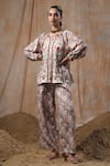 NYARO_Beige Viscose Printed Floral Mandarin Collar Botanic Shirt With Pant _at_Aza_Fashions