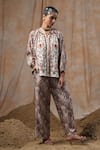 Shop_NYARO_Beige Viscose Printed Floral Mandarin Collar Botanic Shirt With Pant 