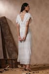 Shop_NYARO_White Viscose Georgette Stripe V-neck Ruffled Shimmer Dress _at_Aza_Fashions