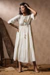 Shop_NYARO_White Cotton Yarn Dye Embroidered Floral Round Tonal Thread Dress  _at_Aza_Fashions