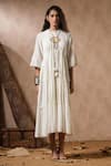 NYARO_White Cotton Yarn Dye Embroidered Floral Round Tonal Thread Dress  _Online_at_Aza_Fashions