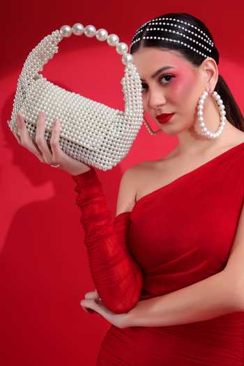Shop_Modarta_White Pearls, Crystals Embellished Mini Handbag _at_Aza_Fashions