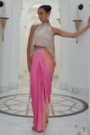 Buy_Nitika Gujral_Pink Satin Ombre Resham Halter Neck Draped Skirt With Patra Poncho Top _at_Aza_Fashions