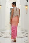 Nitika Gujral_Pink Satin Ombre Resham Halter Neck Draped Skirt With Patra Poncho Top _Online_at_Aza_Fashions