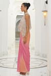 Buy_Nitika Gujral_Pink Satin Ombre Resham Halter Neck Draped Skirt With Patra Poncho Top _Online_at_Aza_Fashions