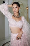 Nitika Gujral_Pink Net Embroidered Sequin Sweetheart 3d Floral Bridal Lehenga Set _Online_at_Aza_Fashions