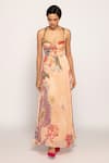 Saaksha & Kinni_Peach Chiffon Print Periwinkle Sweetheart Neck Bloom Dress _Online_at_Aza_Fashions