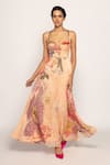 Buy_Saaksha & Kinni_Peach Chiffon Print Periwinkle Sweetheart Neck Bloom Dress _at_Aza_Fashions